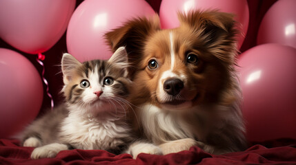 Fototapeta na wymiar Cute dog and cat with valentine balloon on pink background. Generative Ai