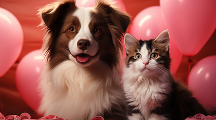 Fototapeta na wymiar Cute dog and cat with valentine balloon on pink background. Generative Ai