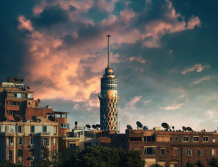Egypt, Cairo - Cairo Tower with Old Vintage Buildings in Zamalek, Sunset View.