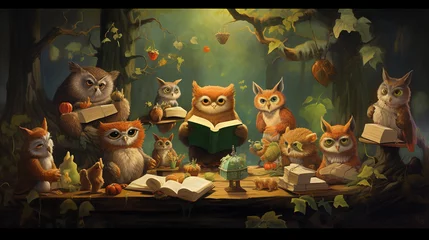 Wallpaper murals Owl Cartoons Childbook illustration owl reading a book [AI generative]