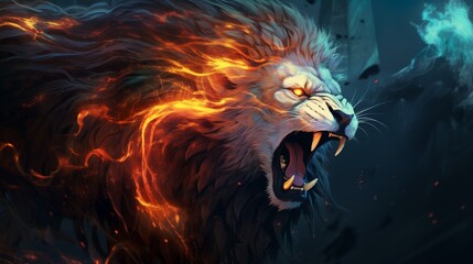 roaring mighty fantasy lion with flames and glowing lights, generative ai	