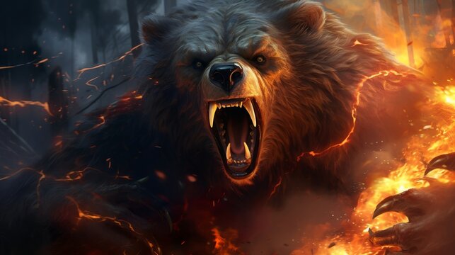 roaring mighty fantasy bear with flames and glowing lights, generative ai	