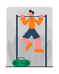 Sporty man pulls up on the bar. People in sportswear training. Active and healthy lifestyle. Regular physical activity. Time for morning workout. Vector flat illustration