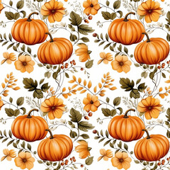 Autumn seamless pattern background with pumpkins and flowers Generative AI