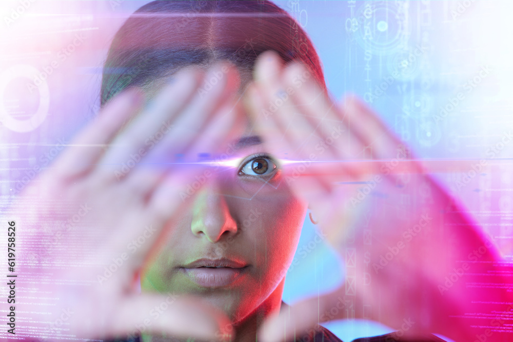 Aufkleber woman, future holographic overlay and studio portrait, pyramid hand sign and coding for technology. 