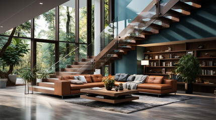 Fototapeta premium Interior design of modern staircase in villa. Generative Ai