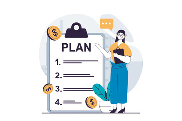 Business making concept with people scene in flat design for web. Woman showing checklist tablet with tasks for project development. Vector illustration for social media banner, marketing material.