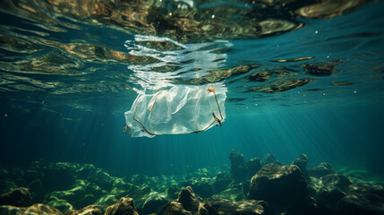 Fototapeta na wymiar Plastic bag under the sea. Generative Ai