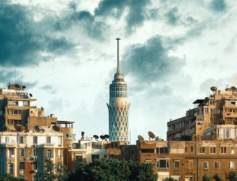 Egypt, Cairo - Cairo Tower with Old Vintage Buildings in Zamalek, Sunset View.