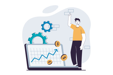Business making concept with people scene in flat design for web. Man analyzes arrow graph of profit and successful financial growth. Vector illustration for social media banner, marketing material.