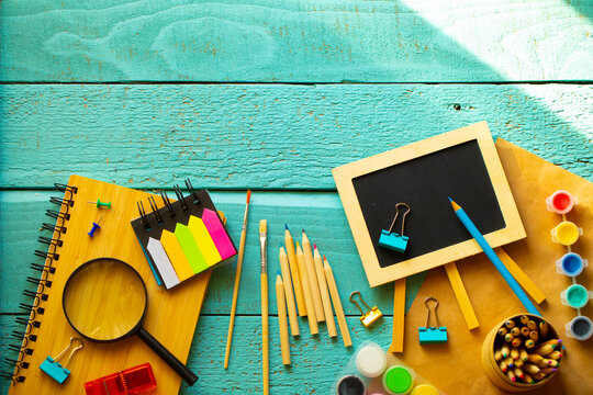 back to school concept. School education. Pencils. Background. Table. 
