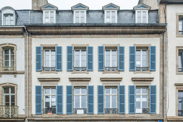 Morlaix, Brittany, France - 2022 August 21: Traditional French facade of a town house located in Morlaix, Typical houses of French Brittany