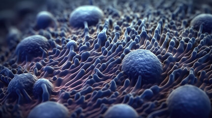 macro image of viruses and bacteria in tissues, abstract lactobacilli, monochromatic electron microscope photo, microbiological microlife background, macro bokeh depth of field - obrazy, fototapety, plakaty