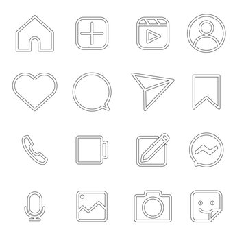 Set of Social media line icon vector. Home, create new post, reels, profile, love, comment, share, save, phone, video call, create messages, direct messages, voice note, picture, camera  and sticker