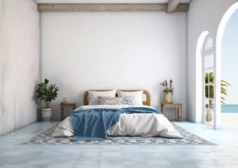 blank wall Mediterranean style interior mockup bedroom  