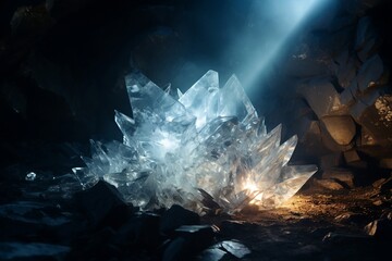 Illuminated Cave Ice Stone and Light. Generative AI - obrazy, fototapety, plakaty