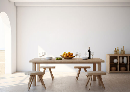 blank wall Mediterranean style interior mockup dinning room 