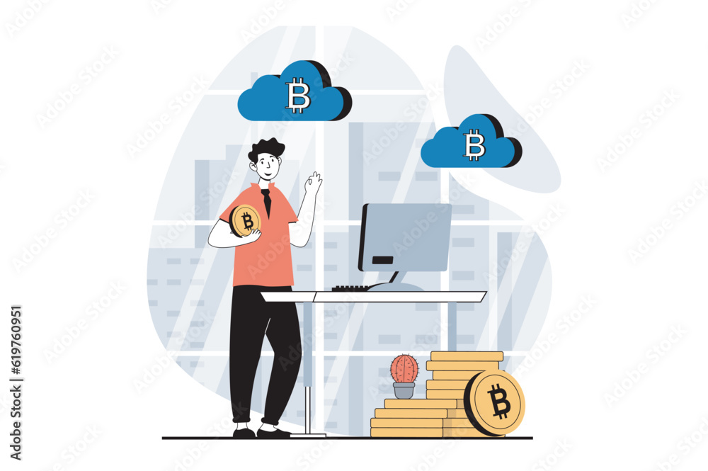 Leinwandbilder cryptocurrency mining concept with people scene in flat design for web. man mining bitcoins, using c