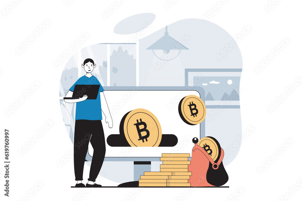 Aufkleber cryptocurrency mining concept with people scene in flat design for web. man mining bitcoins, earning