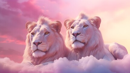 A couple of lions lying on pink sunset clouds in the sky, proud heaven ancestors, surreal, fantasy, pastel colors, cute, cozy, AI Generated