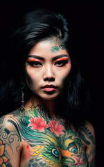 Fototapeta premium Asian woman with tattoos on her body and face. Generative AI