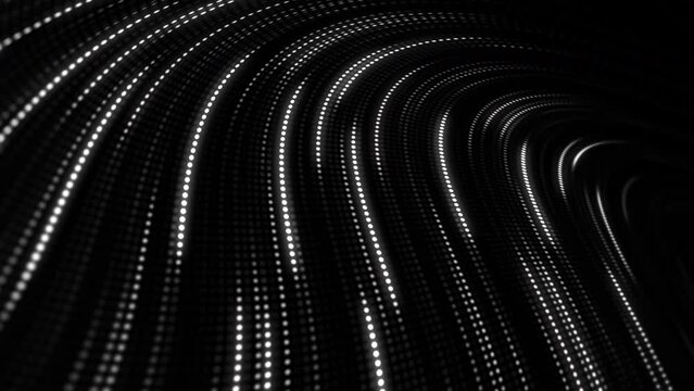 Black geometric curved pattern of glowing neon lines. Fast movement and flickering of LEDs. Music looping seamless club animation.
