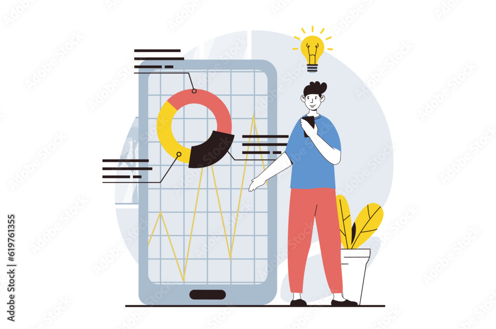 Poster Data analysis concept with people scene in flat design for web. Man working with diagram, finding creative solutions for investment. Vector illustration for social media banner, marketing material.