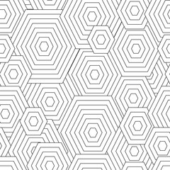 Black and white seamless pattern for coloring book in doodle style. Polygons, hexagon.