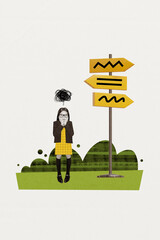 Photo vertical collage small funny girl pupil guessing how get to school lost way near signpost isolated over creative background