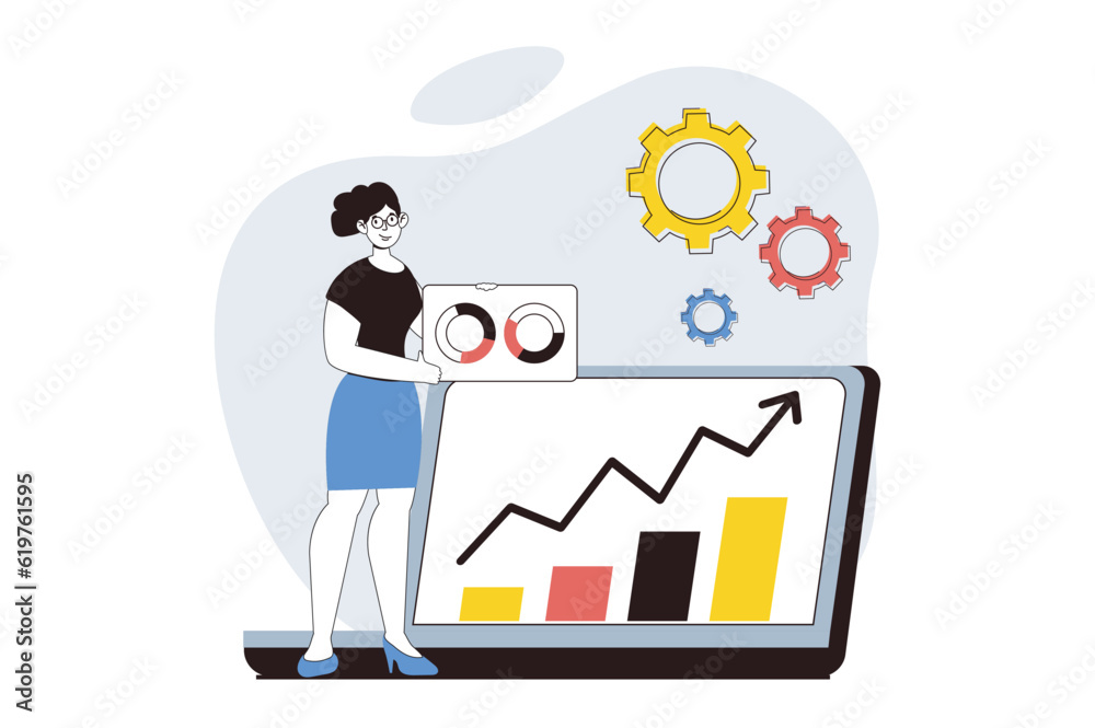 Poster data analysis concept with people scene in flat design for web. woman working as financial consultan