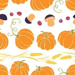 Vector seamless pattern of autumn harvest symbols: pumpkins, wheat ears, berries, mushrooms in flat style. Colorful background, texture. Theme: forest, happy autumn, Thanksgiving