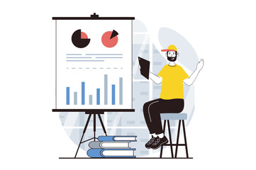 Data analysis concept with people scene in flat design for web. Man consultant working with charts and diagrams for presentation. Vector illustration for social media banner, marketing material.