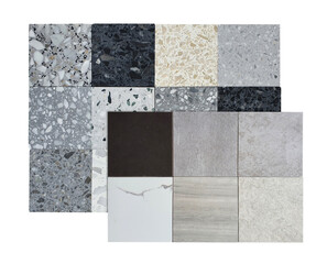 multicolored and texture of square shapes terrazzo artificial stone samples and porcelain ceramic stone tile samples isolated on background with clipping path. construction materials palette.
