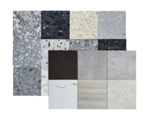 multicolored and texture of square shapes terrazzo artificial stone samples and porcelain ceramic stone tile samples isolated on background with clipping path. construction materials palette.