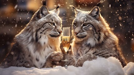 Christmas couple of lynx holding a glass of champagne, celebration party, merry holiday, snow forest background with copyspace, humanized animal wearing clothes, love, AI Generated