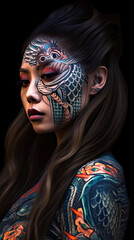Asian woman with tattoos on her body and face. Generative AI