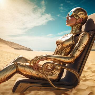 Attractive Female Robot on the Beach