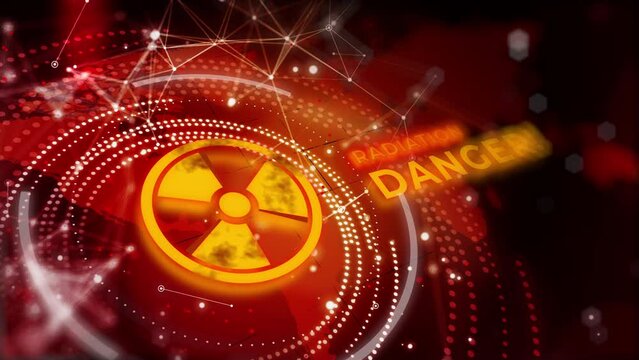 Radioactive hazard icon. Red abstract warning background with world map. Animated HUD element with tangles of lines and dots. Looped motion graphics.