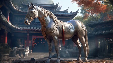 Ornate horse in front of temple. Generative AI