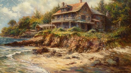 Landscape of sea and house on rocky terrain in style of oil painting illustration. Generative AI