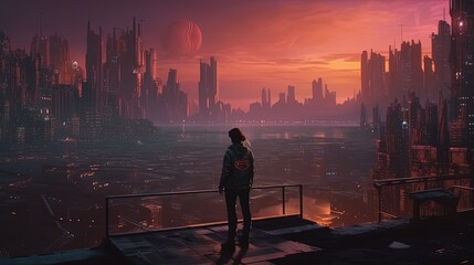 Person standing in front of cyberpunk city. Generative AI