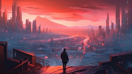 Fototapeta premium Person standing in front of cyberpunk city. Generative AI
