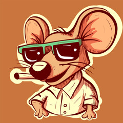 Illustration of a cool rat in a shirt wearing sunglasses and smoking a cigarette. Vector of a quirky mouse cartoon character smoking a joint