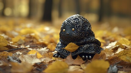 Fototapeta premium Cute black creature in autumn forest. Black alien on yellow foliage. Generative AI