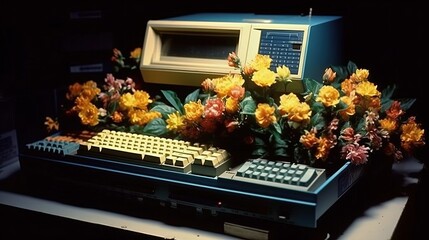 Old computer decorated with flowers. Generative AI