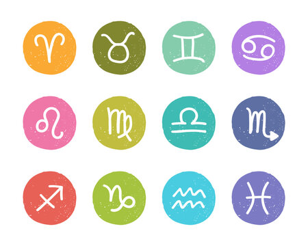 Colorful horoscope icon set on grunge textured background, Astrology symbols vector illustration. Each object is isolated.