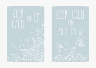 Set of motivational typography posters with mantras on soft blue textured background and floral mehndi pattern. Vector illustration for yoga studio and spiritual practices.