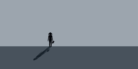 lonely sad little girl with teddy bear stands in front of a gray wall vector illustration EPS10