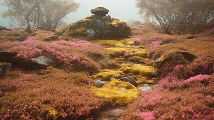 Landscape of a mountain covered in pink grass. Generative AI
