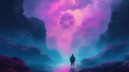 Person standing in front of landscape with giant skull in blue and pink fog. Generative AI